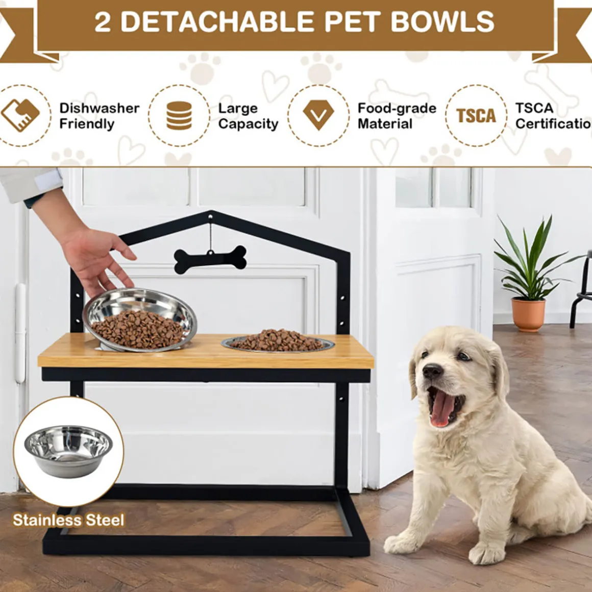 Adjustable Raised Pet Feeder with Stainless Steel Bowls