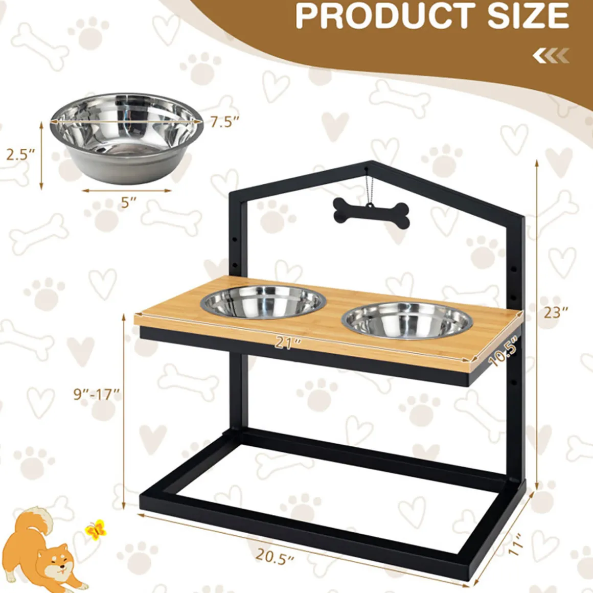 Adjustable Raised Pet Feeder with Stainless Steel Bowls