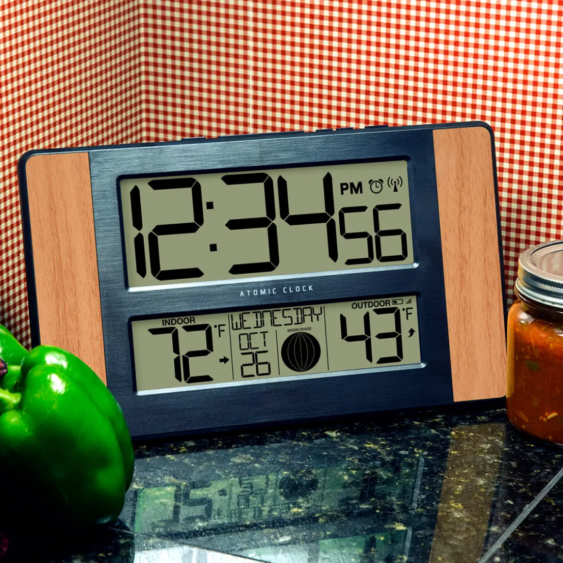 Atomic Digital Wall Clock with Temperature and Moon Phase