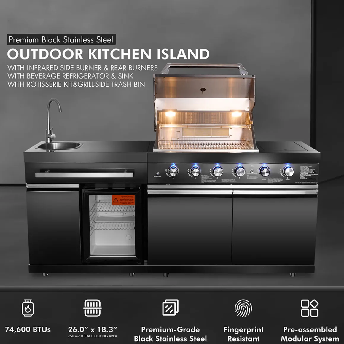 Black Stainless Steel Outdoor Grill Island