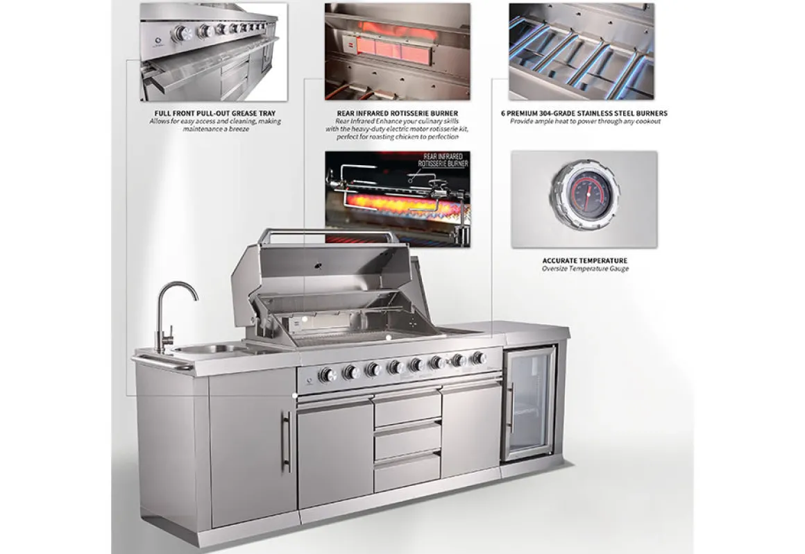 6-Burner Propane Gas Grill Island with Rotisserie and Outdoor Refrigerator