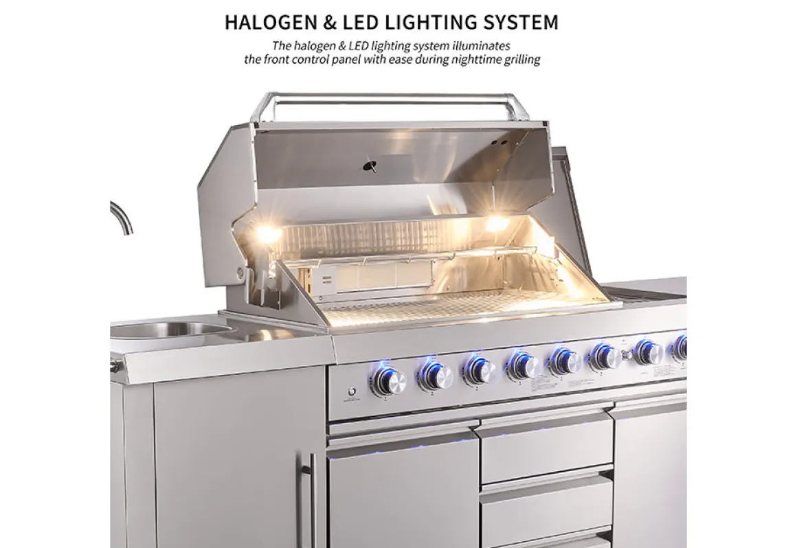 6-Burner Propane Gas Grill Island with Rotisserie and Outdoor Refrigerator