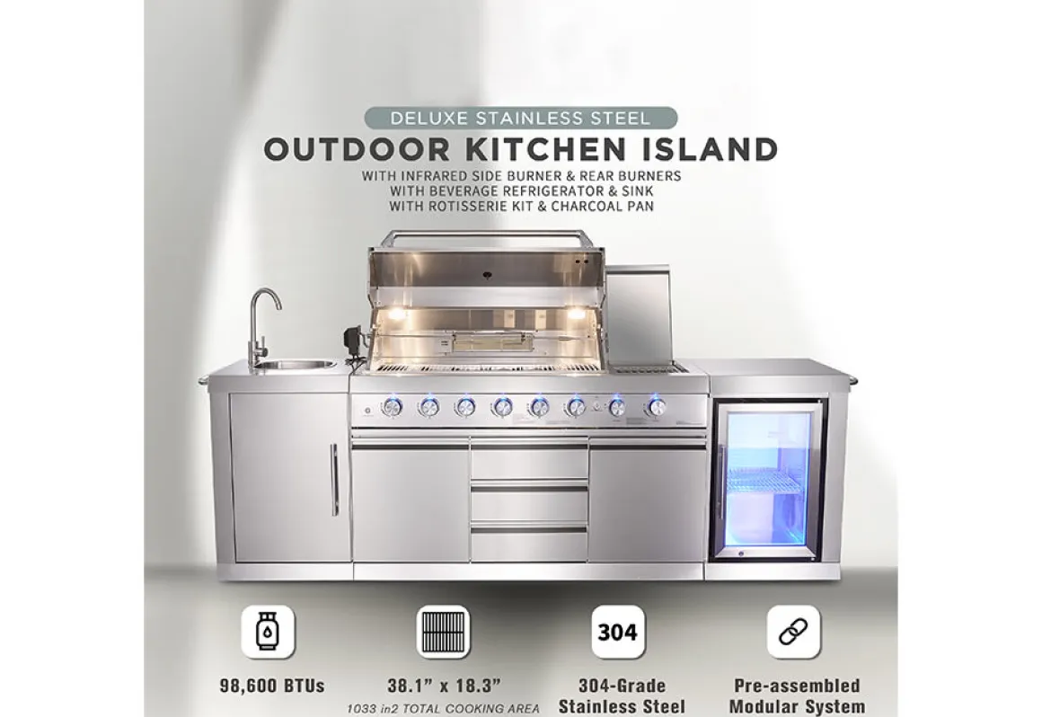 6-Burner Propane Gas Grill Island with Rotisserie and Outdoor Refrigerator