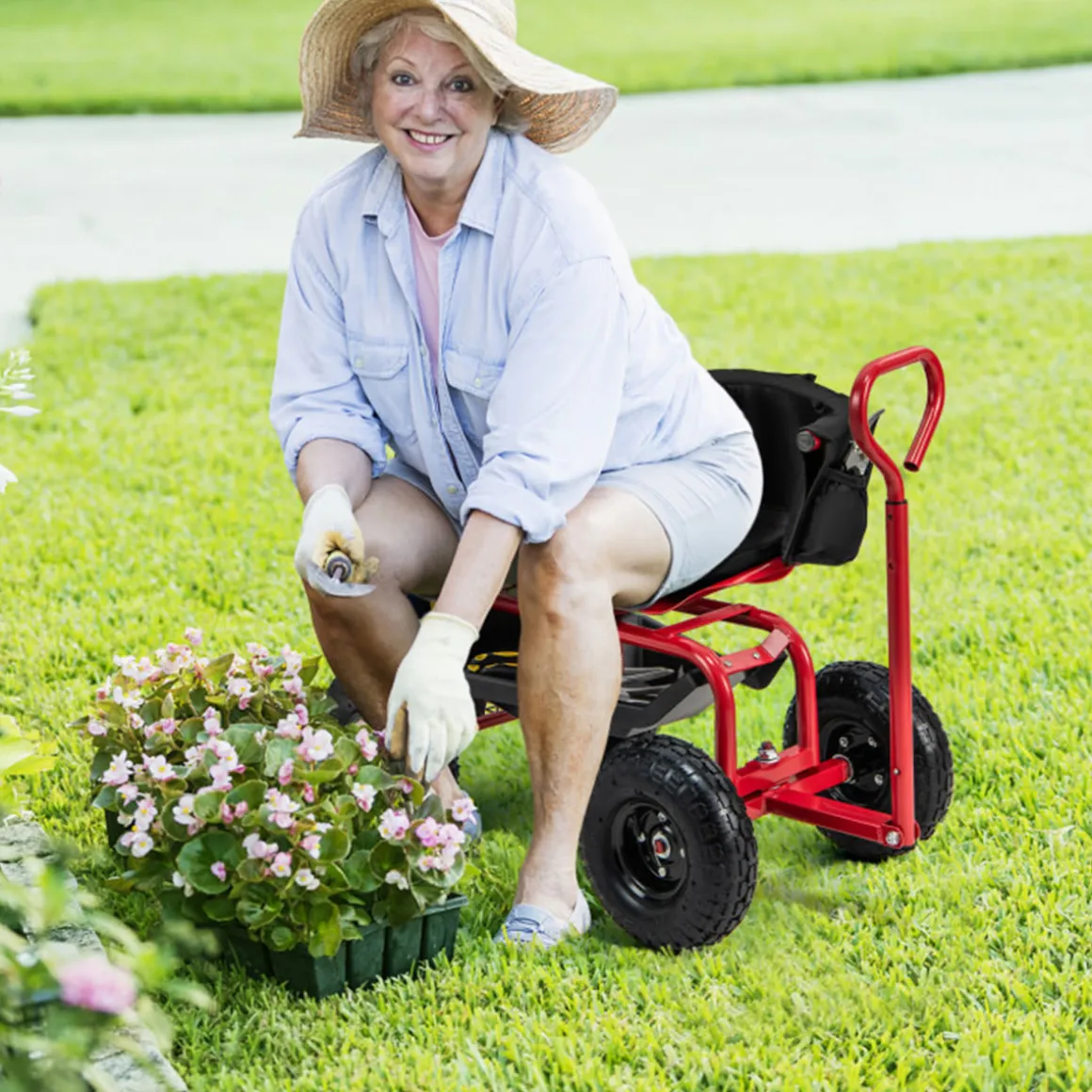 Cushioned Rolling Garden Cart with Swivel Seat