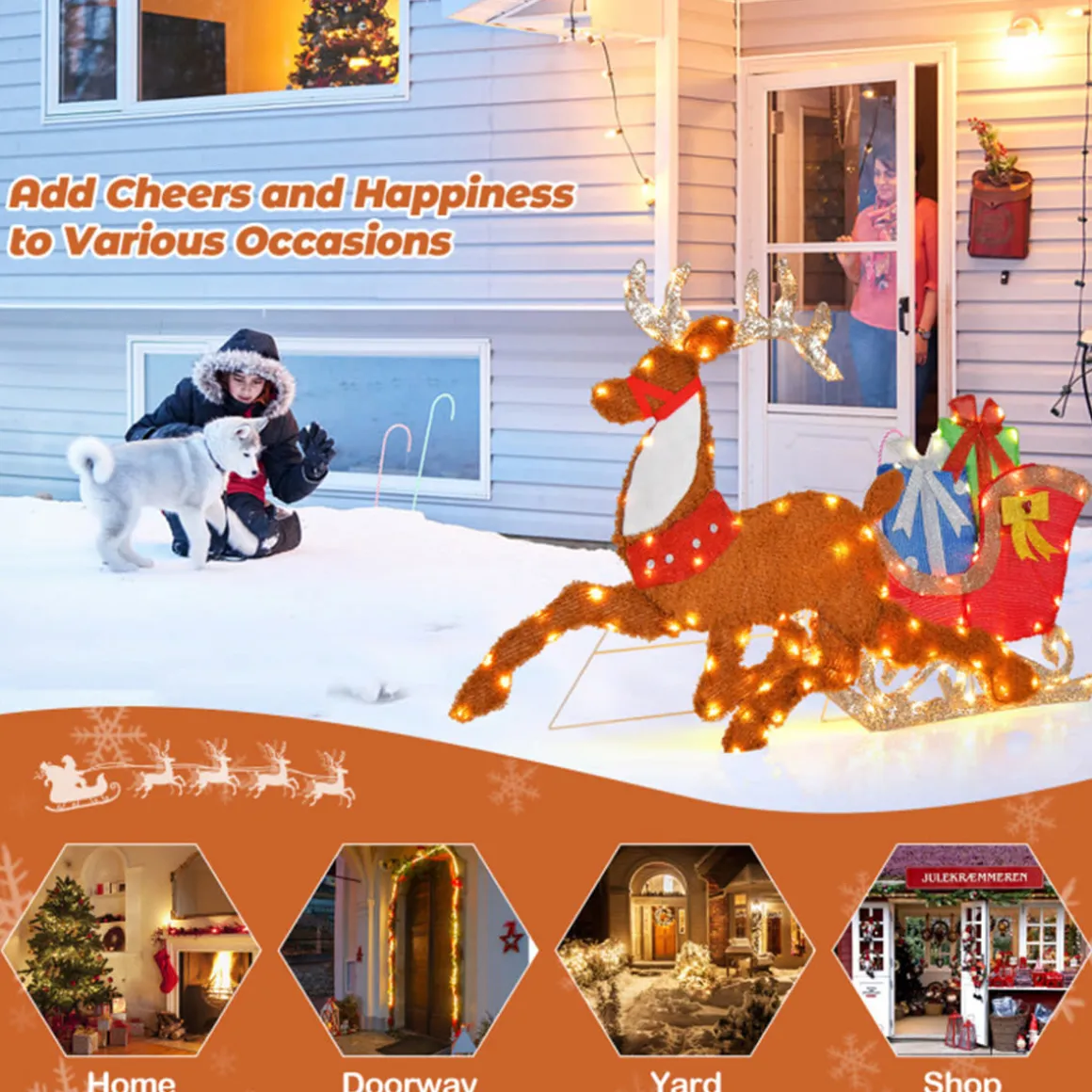 2D Pre-Lit Christmas Reindeer and Sleigh Decoration
