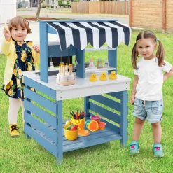 Double-Sided Wooden Play Kitchen and Grocery Stand