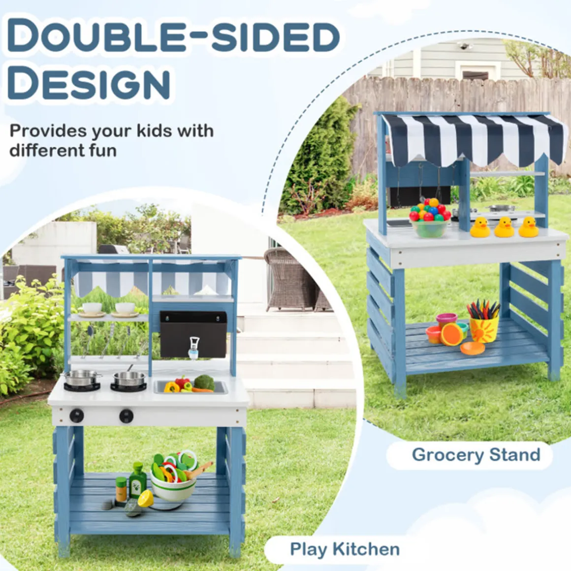 Double-Sided Wooden Play Kitchen and Grocery Stand