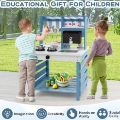 Double-Sided Wooden Play Kitchen and Grocery Stand