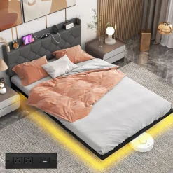 Floating LED Bed Frame with Charging Station