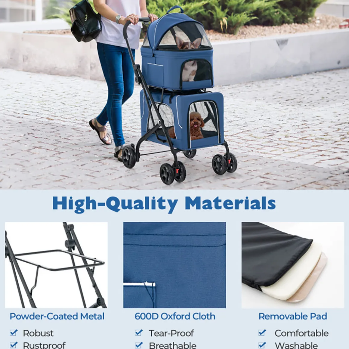 3-in-1 Foldable Double Pet Stroller with Detachable Carriers