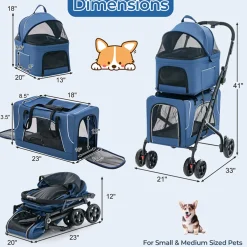 3-in-1 Foldable Double Pet Stroller with Detachable Carriers