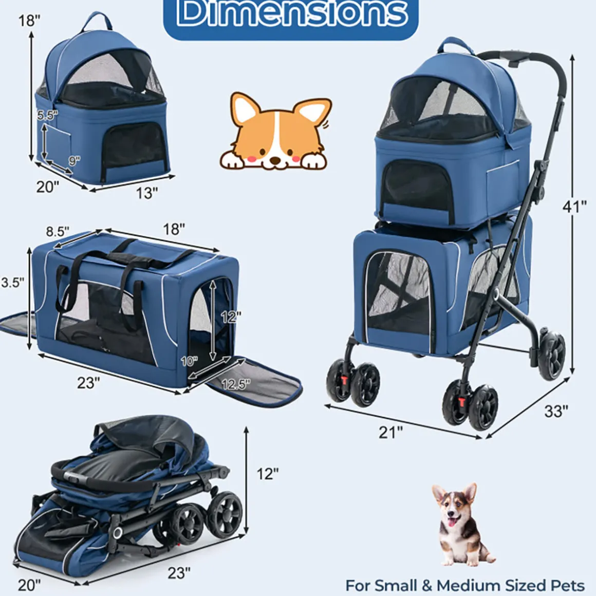 3-in-1 Foldable Double Pet Stroller with Detachable Carriers