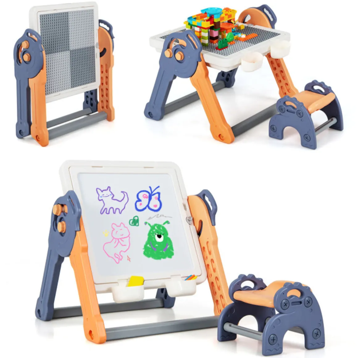 6-in-1 Folding Kids Art Easel with Building Block Tabletop