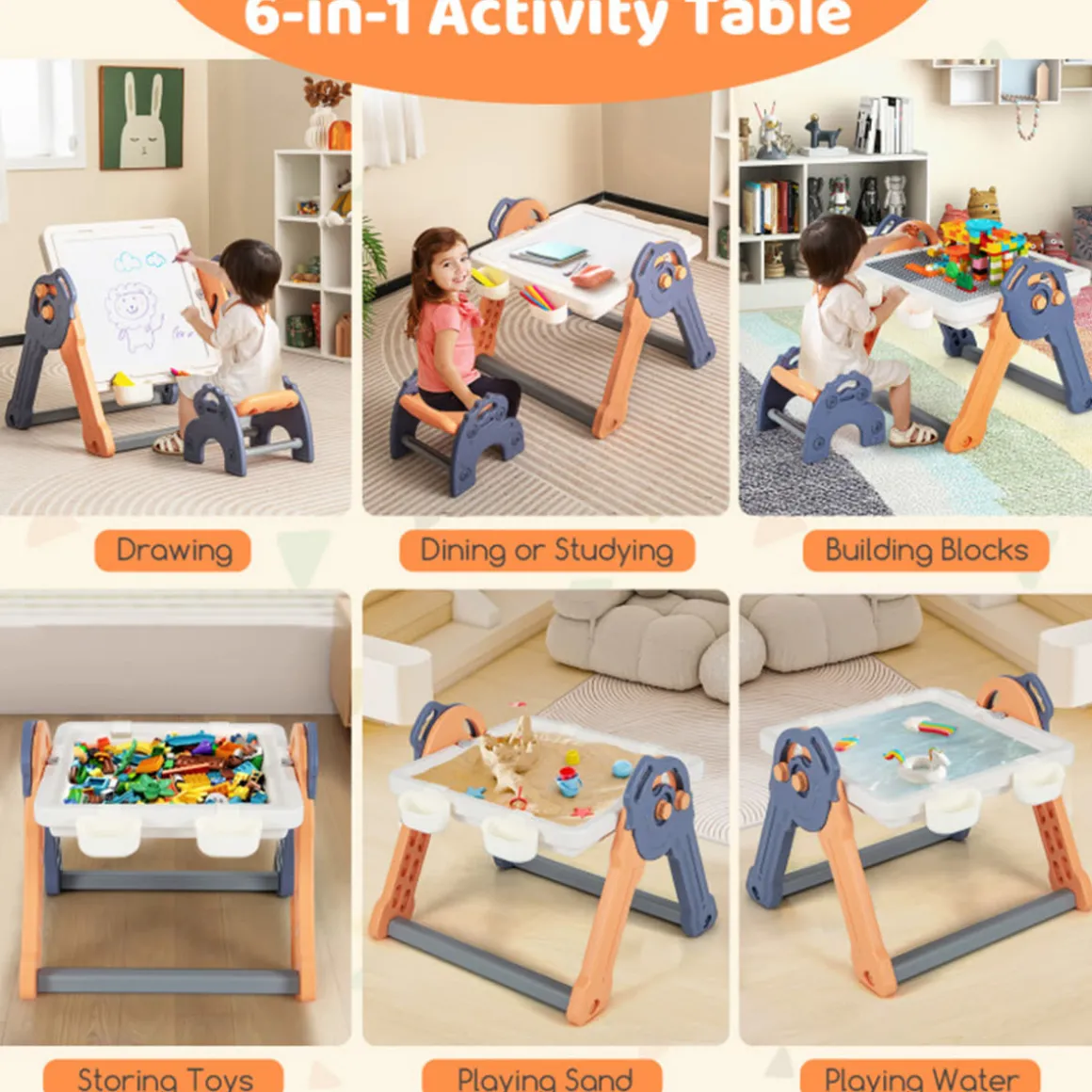 6-in-1 Folding Kids Art Easel with Building Block Tabletop