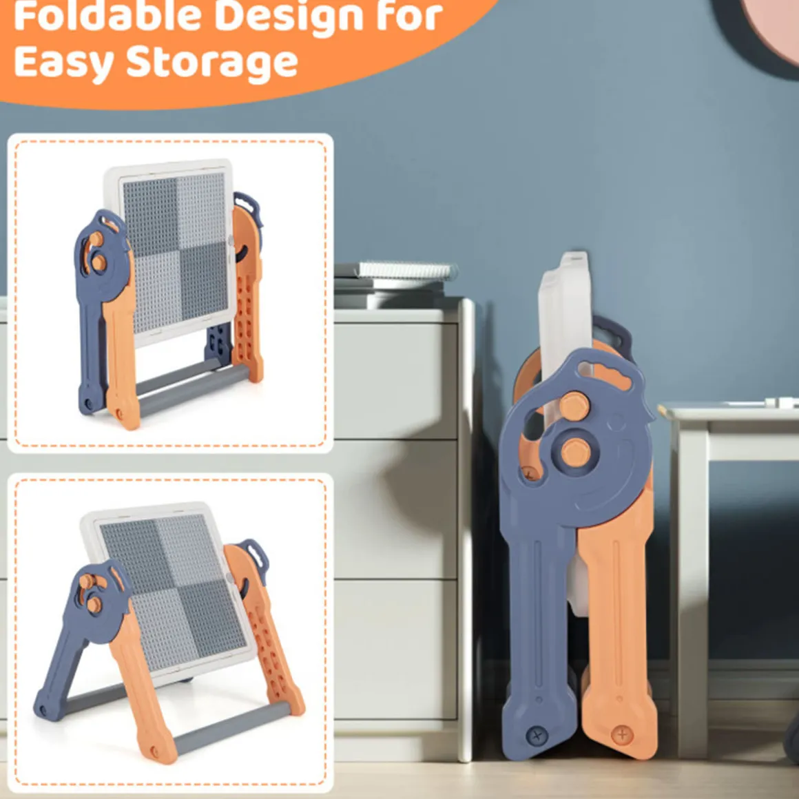 6-in-1 Folding Kids Art Easel with Building Block Tabletop