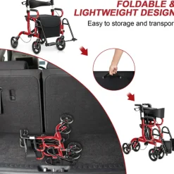2-in-1 Folding Rollator Walker Transport Wheelchair