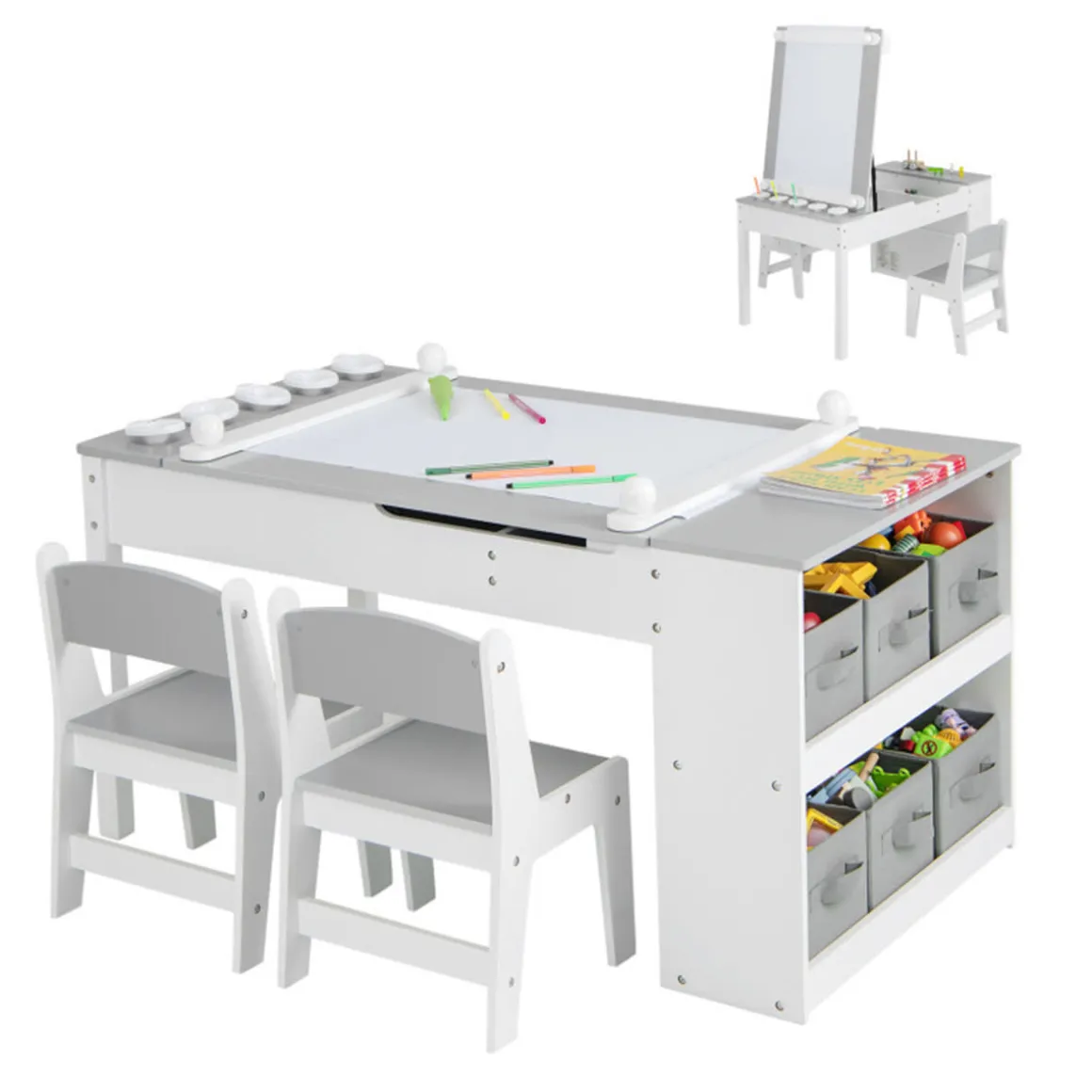 2-in-1 Kids Art Table and Easel Set with Chairs