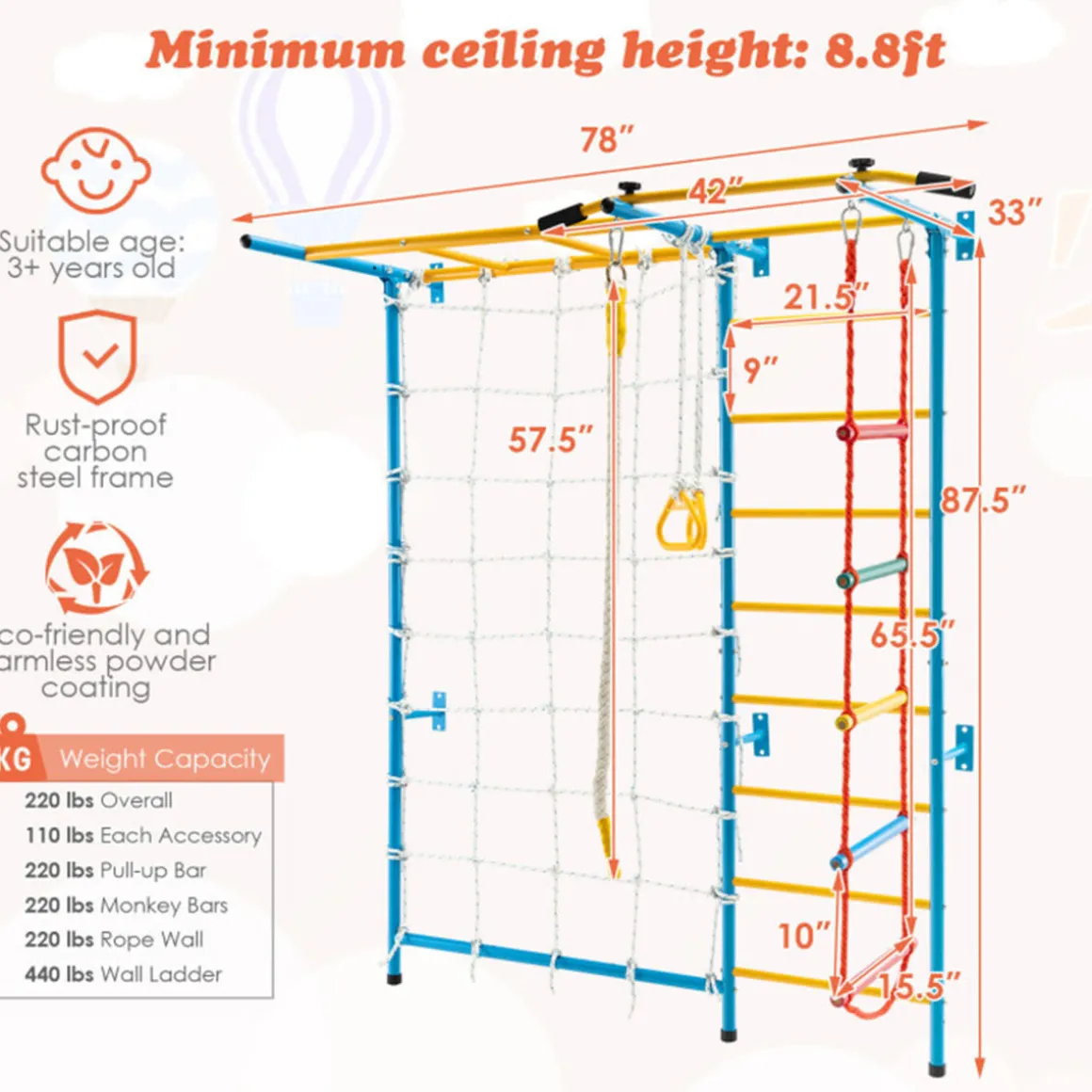 7-in-1 Kids Indoor Swedish Wall Gym Set