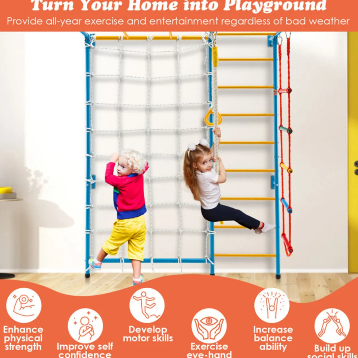 7-in-1 Kids Indoor Swedish Wall Gym Set