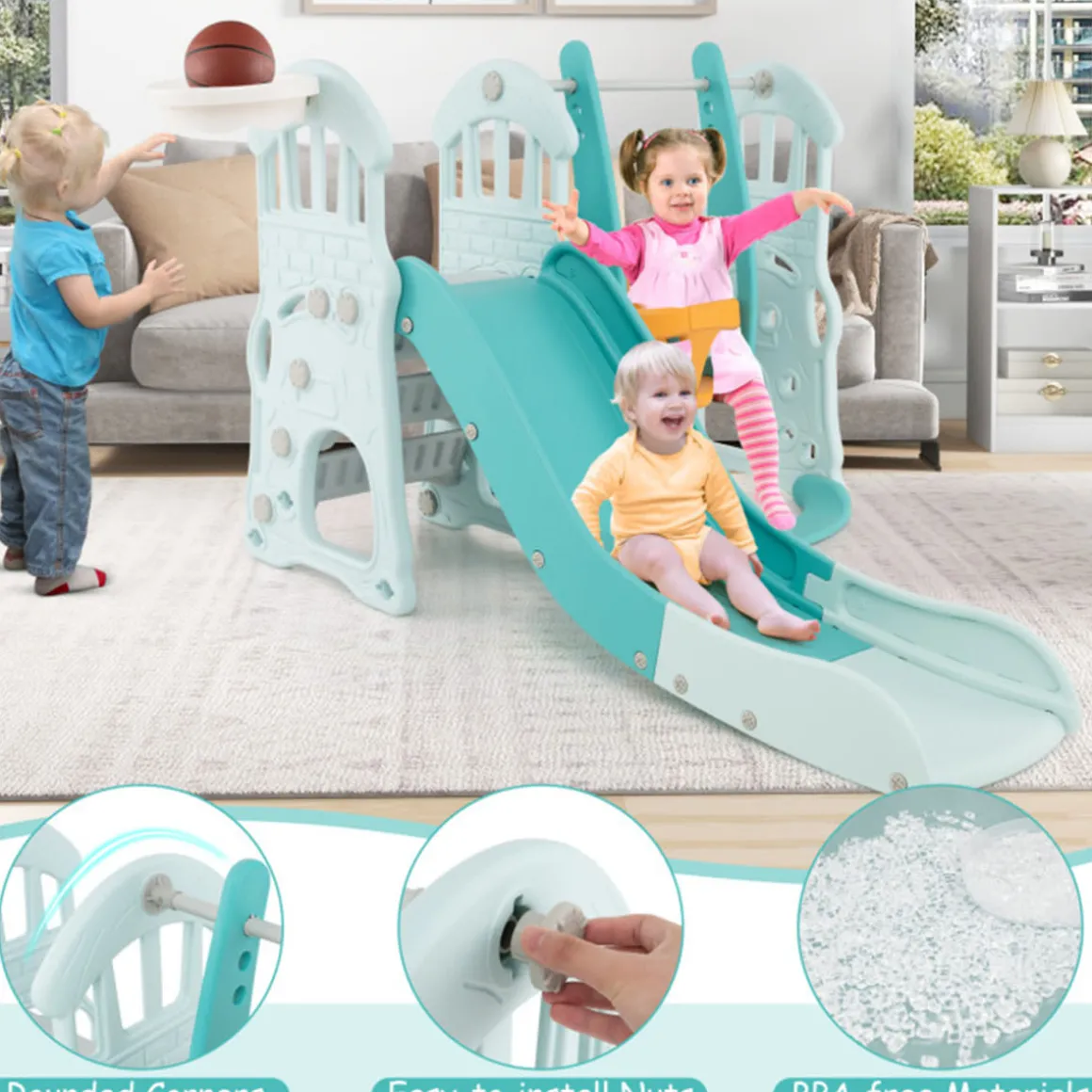 3-in-1 Toddler Slide and Swing Set with Basketball Hoop