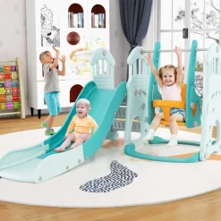 3-in-1 Toddler Slide and Swing Set with Basketball Hoop