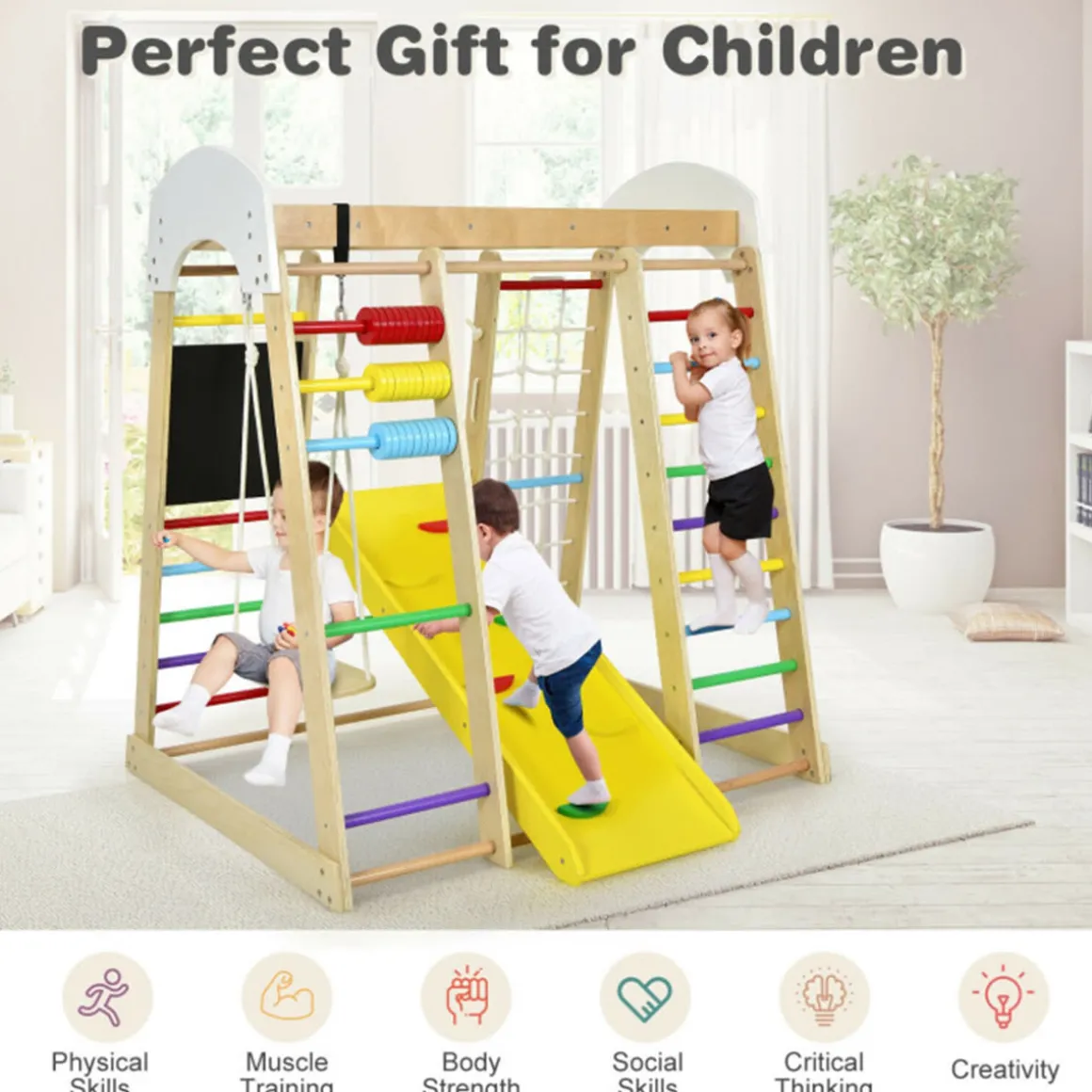 8-in-1 Wooden Climber Play Set with Slide and Swing