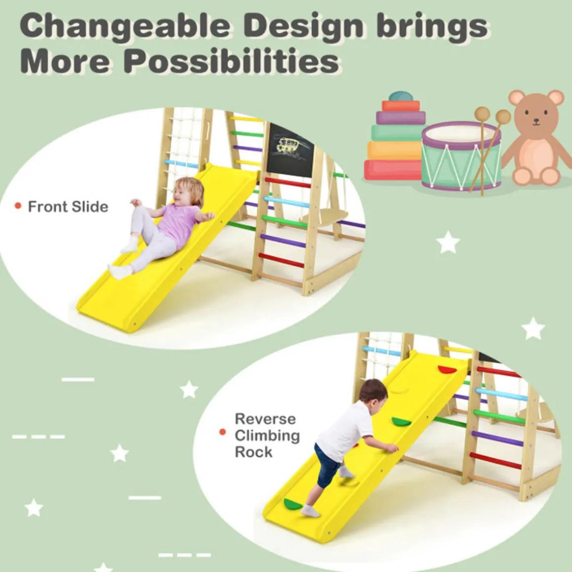 8-in-1 Wooden Climber Play Set with Slide and Swing