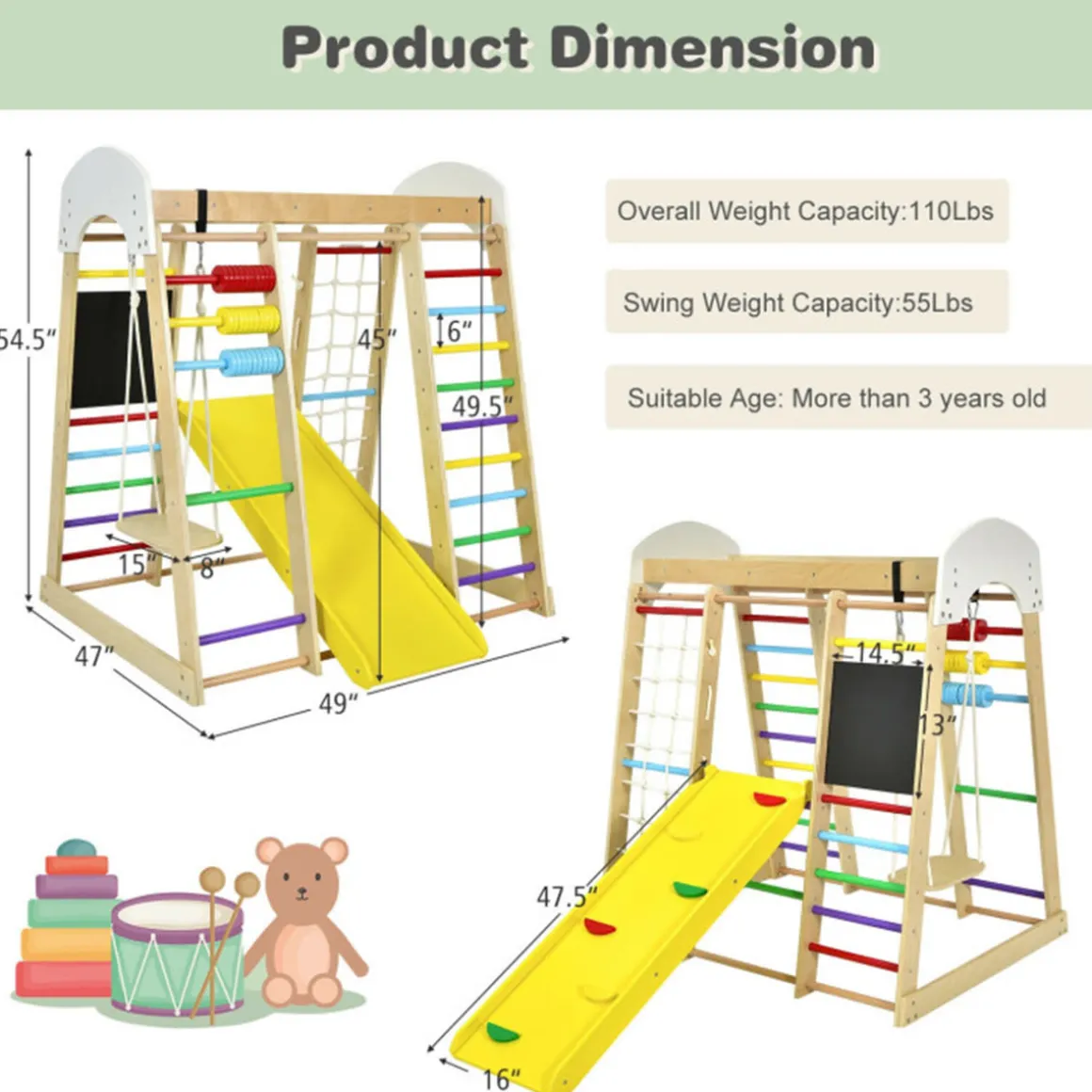 8-in-1 Wooden Climber Play Set with Slide and Swing