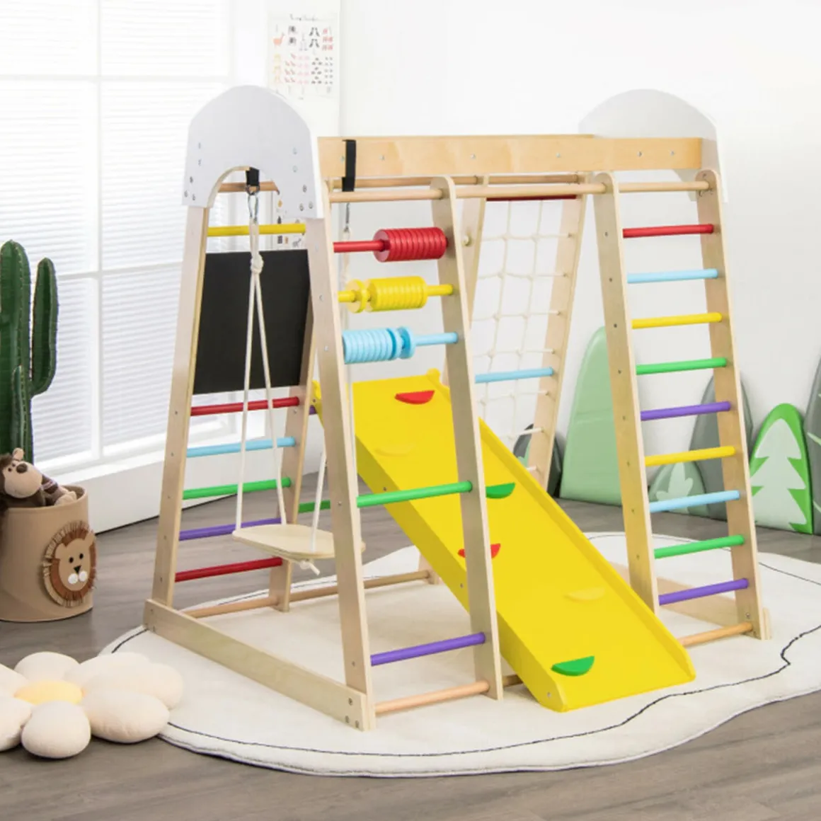 8-in-1 Wooden Climber Play Set with Slide and Swing
