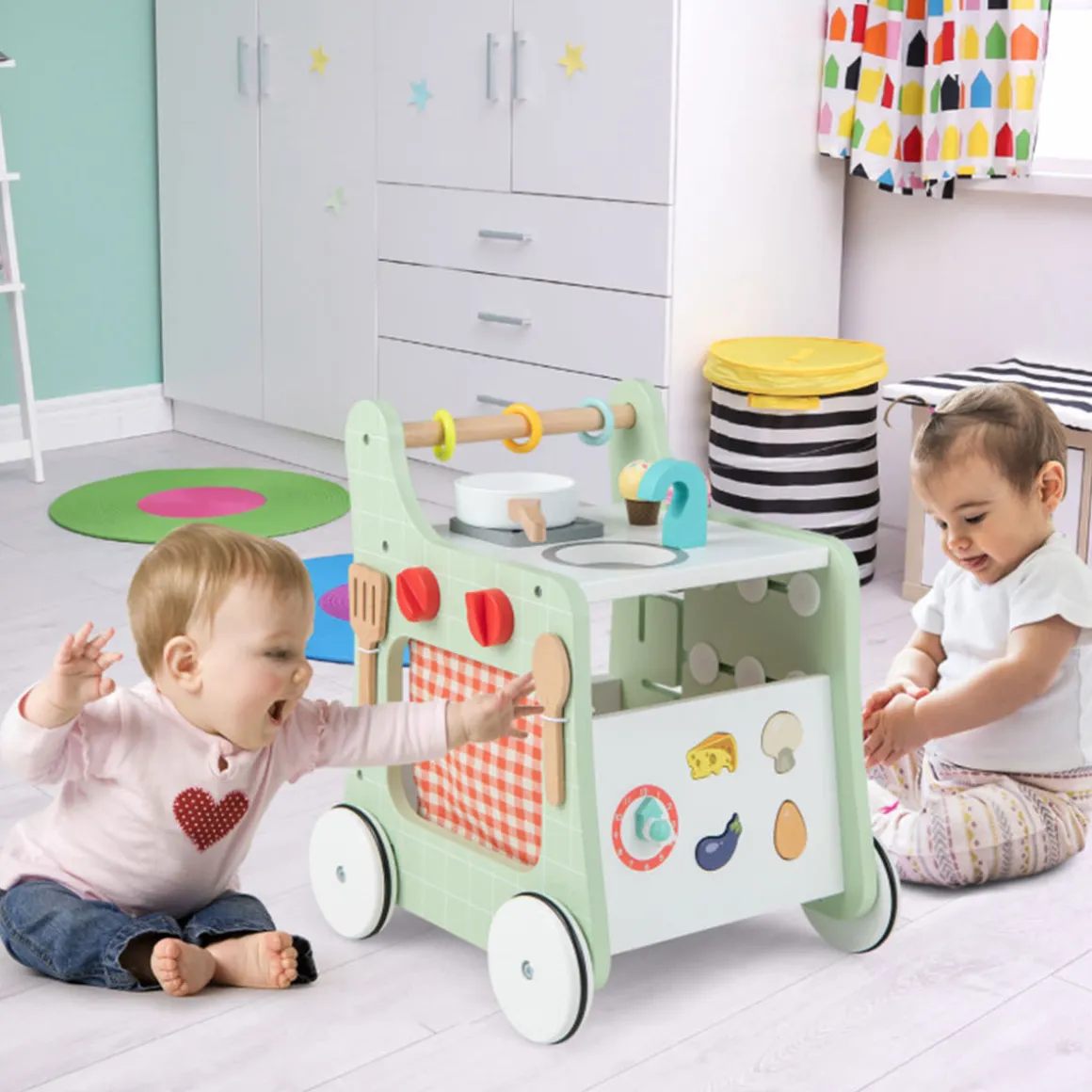 6-in-1 Wooden Push Walker Play Kitchen