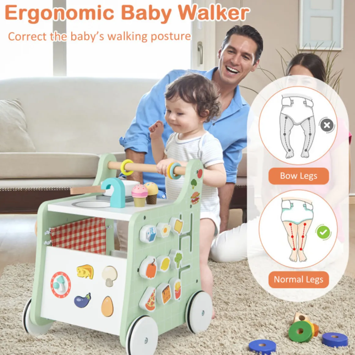 6-in-1 Wooden Push Walker Play Kitchen