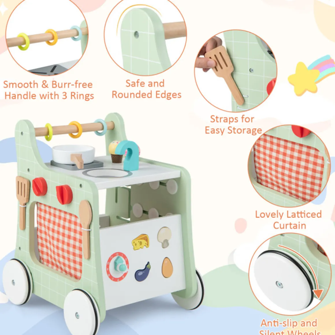 6-in-1 Wooden Push Walker Play Kitchen