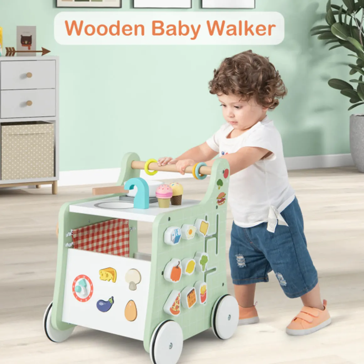 6-in-1 Wooden Push Walker Play Kitchen