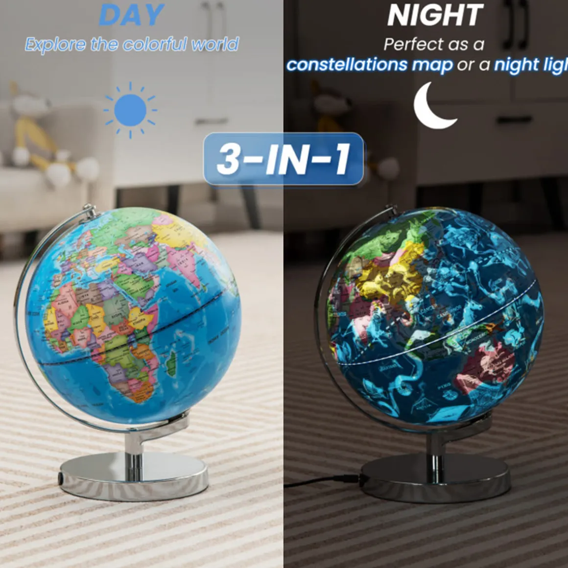 3-in-1 World Globe with Illuminated Constellation Maps