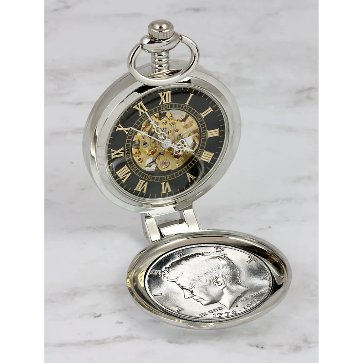 JFK Bicentennial Half Dollar Pocket Watch with Skeleton Movement