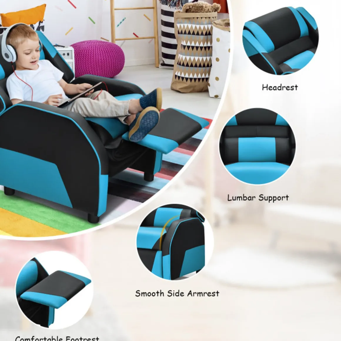 Kids Gaming Sofa Recliner with Headrest and Footrest