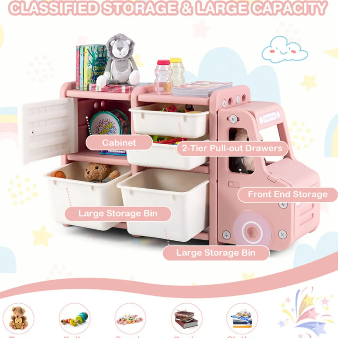 Kids Truck Storage Organizer with Plastic Bins