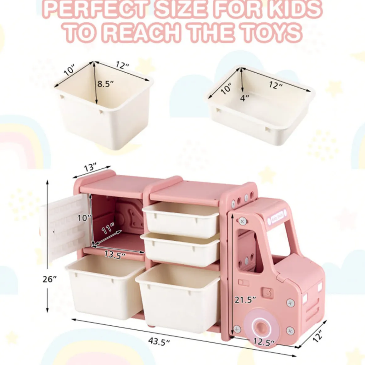Kids Truck Storage Organizer with Plastic Bins