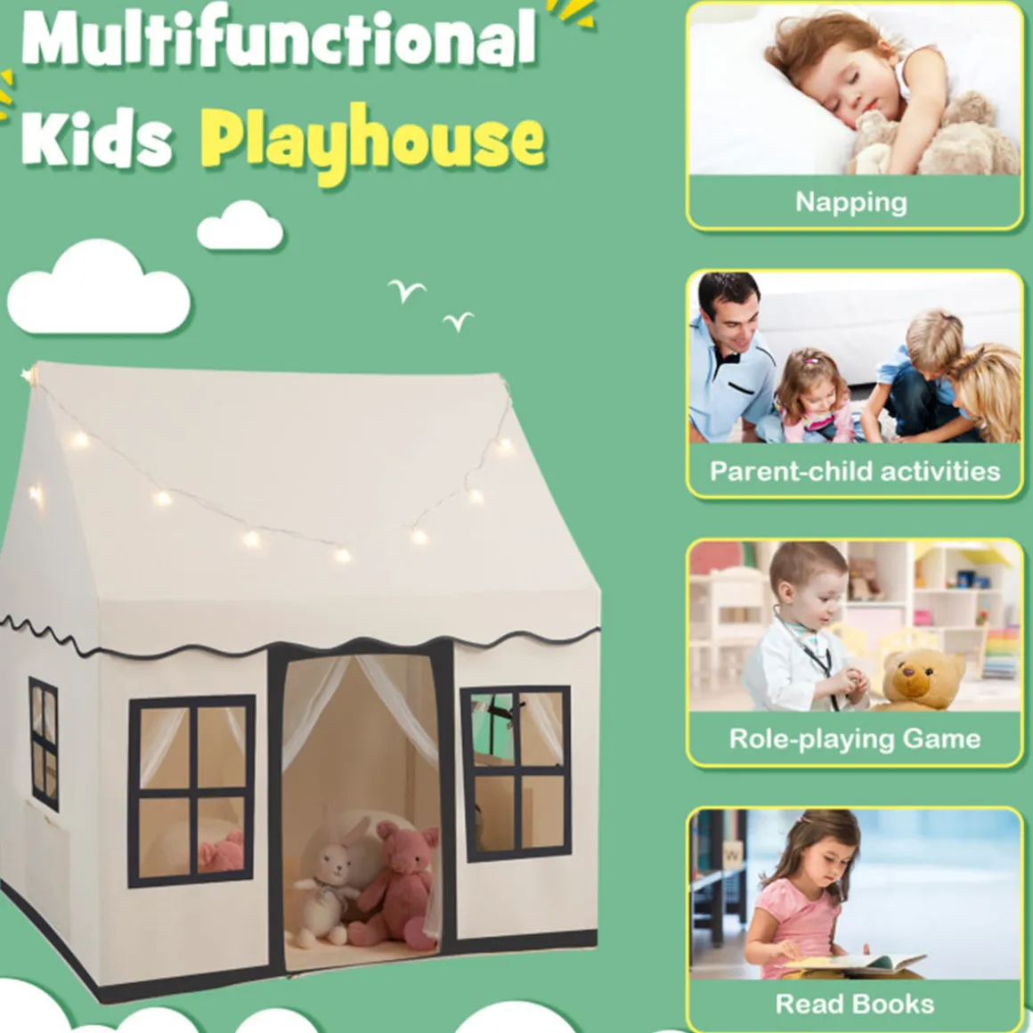 Large Kids Play Tent with Star String Lights