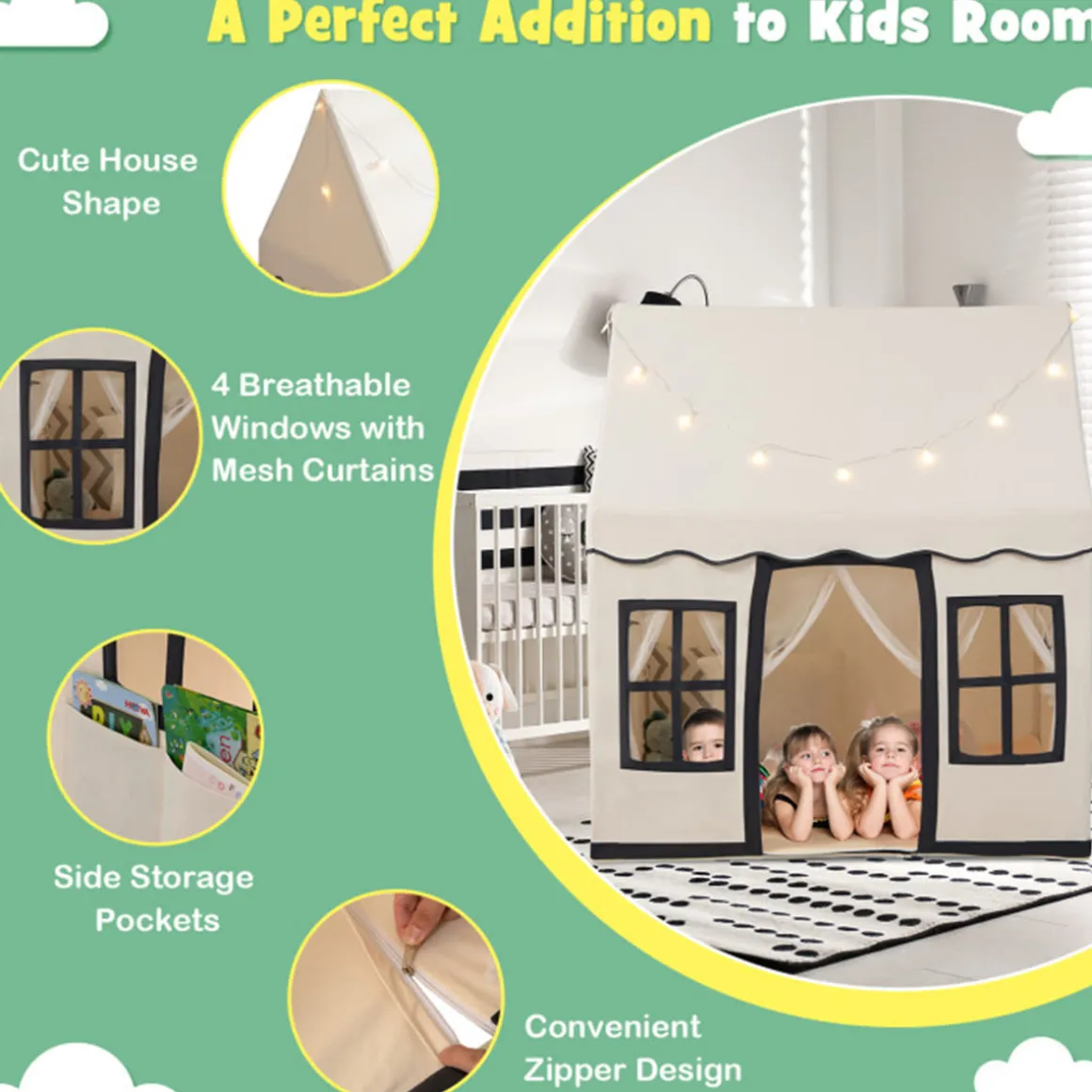 Large Kids Play Tent with Star String Lights