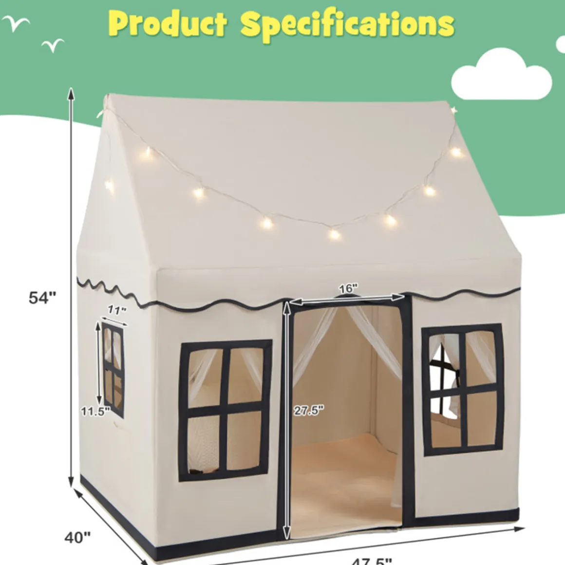 Large Kids Play Tent with Star String Lights