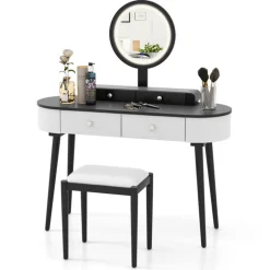 Makeup Vanity Table Set with Stool and LED Mirror