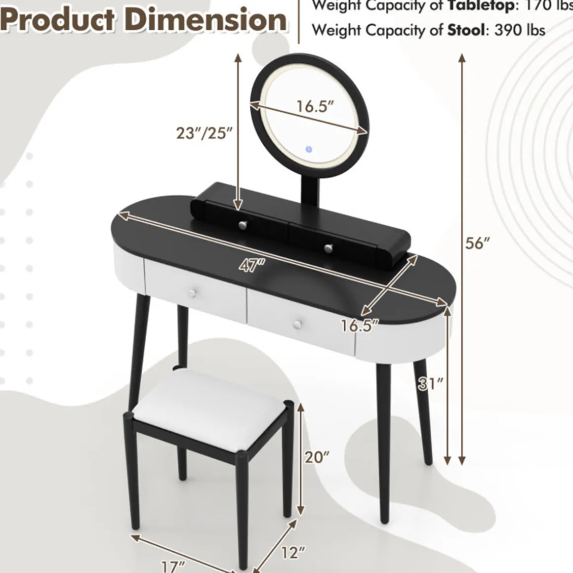 Makeup Vanity Table Set with Stool and LED Mirror