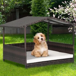 Outdoor Wicker Dog House with Weatherproof Roof