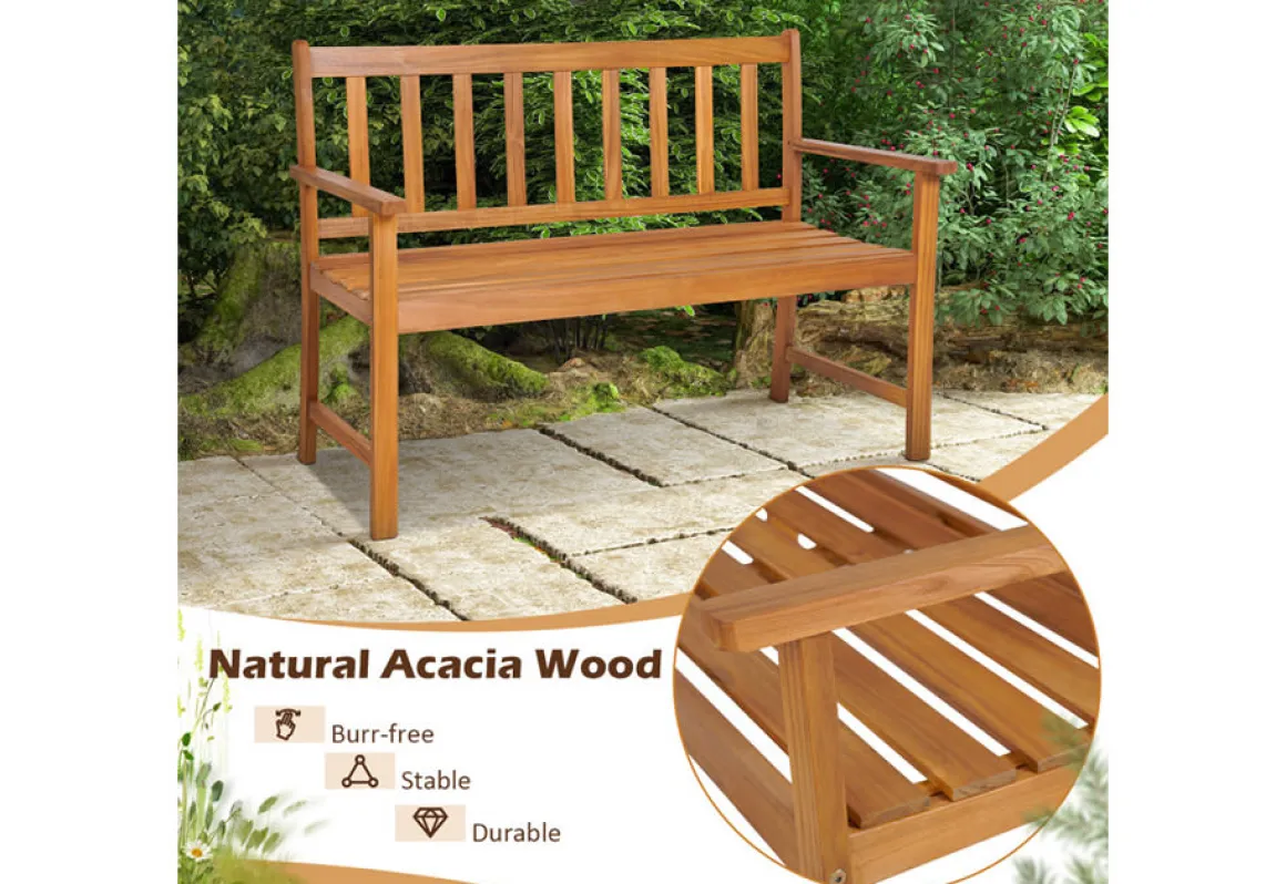 2-Person Outdoor Acacia Wood Bench with Backrest