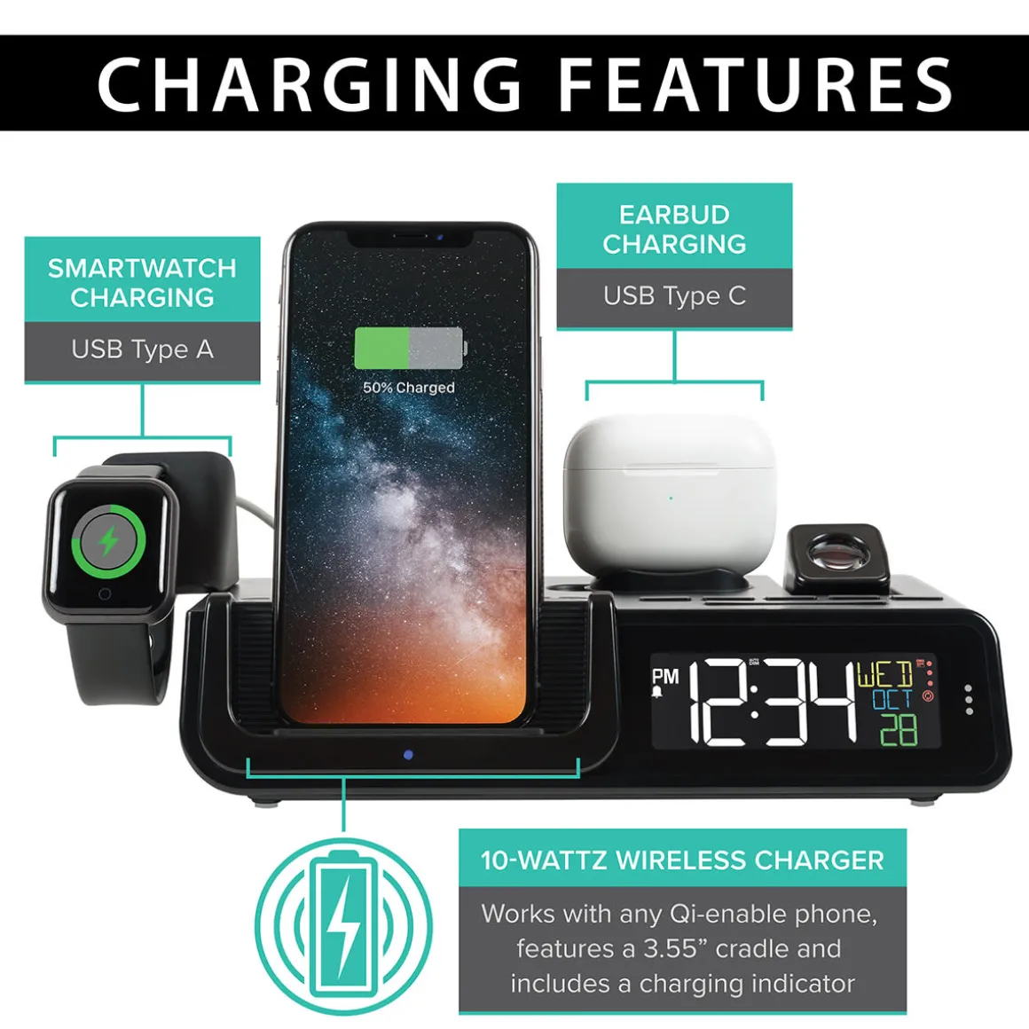 Projection Alarm Clock with Wireless Charging Station