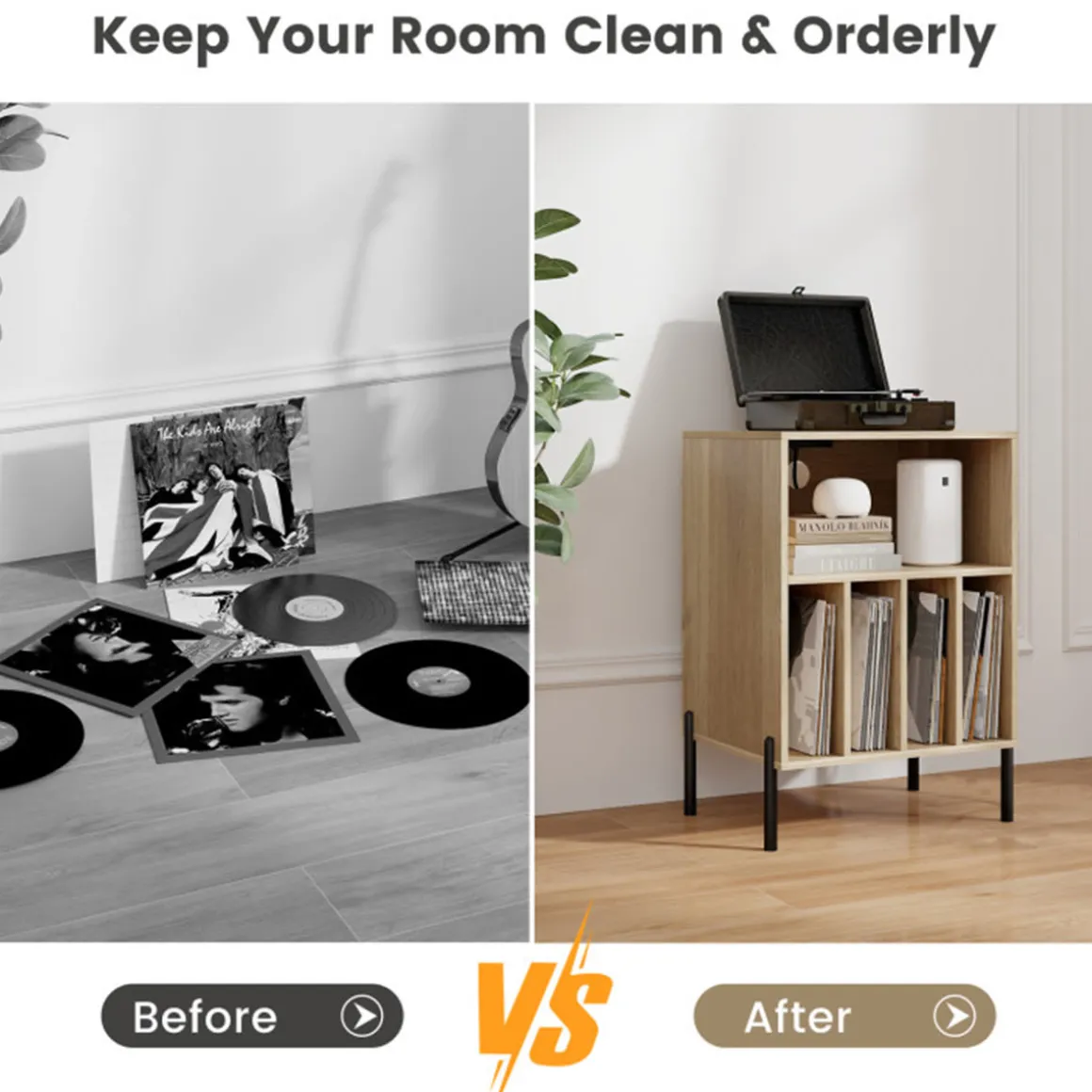 Record Player Storage Stand with Charging Station