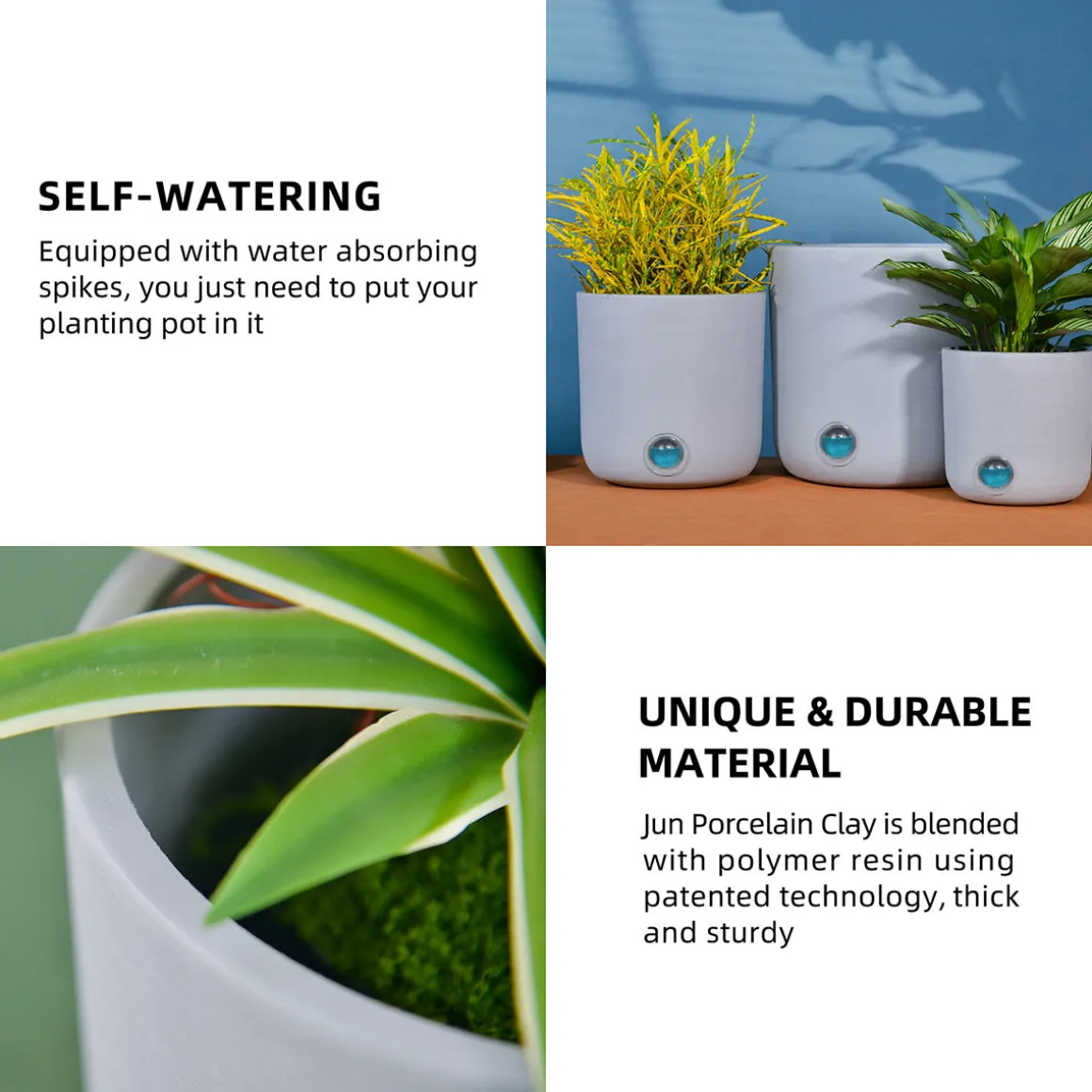 Self-Watering Tall Cylinder Pot System for Indoor Plants (Set of 3)