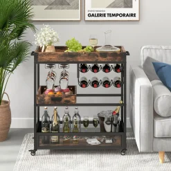 3-Tier Industrial Buffet Serving Cart with Wine Rack