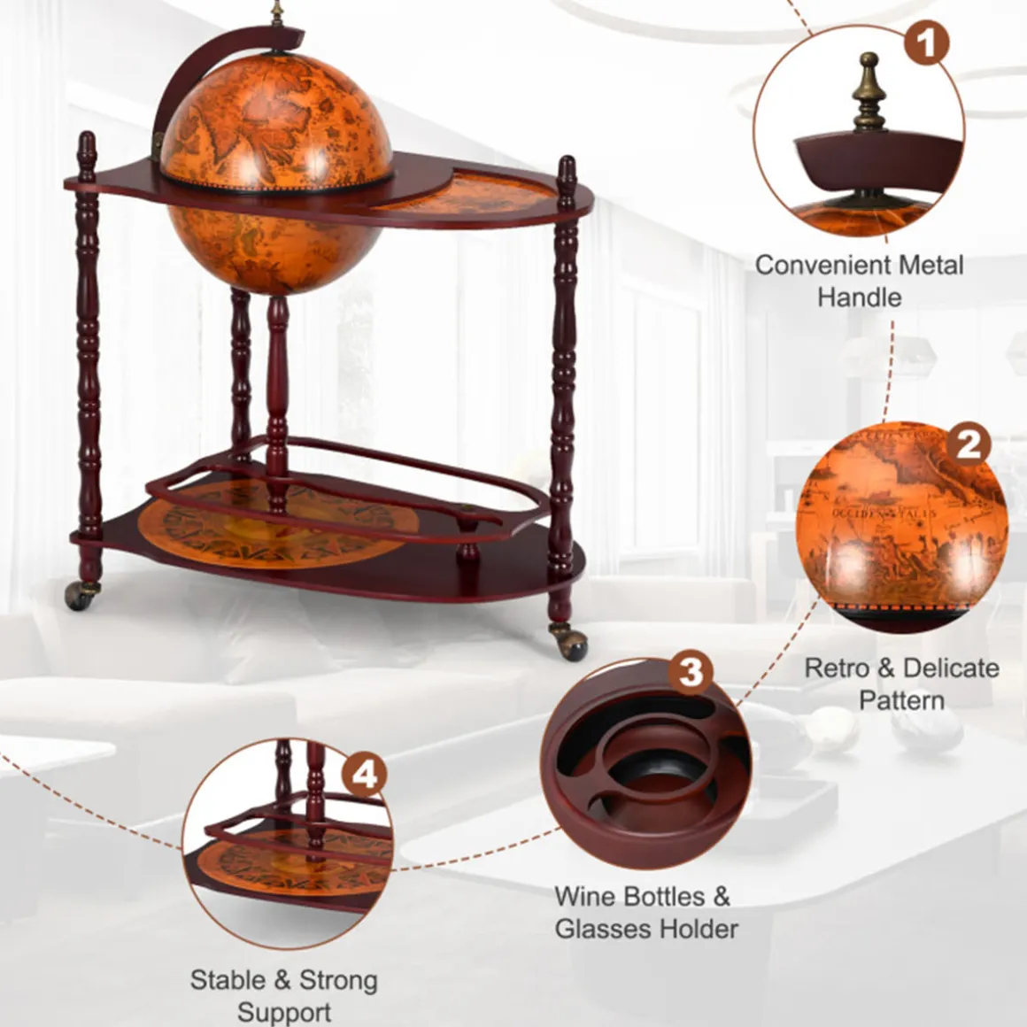Vintage Globe Bar Cart with Extra Shelf